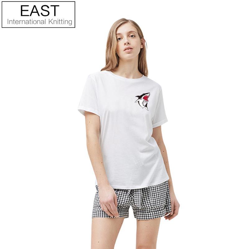 Este haciendo punto H709 2017 más el tamaño ocasional de la camiseta del verano Mujeres Camisetas Tops Mujer Shark manga corta impresa Camiseta Femme