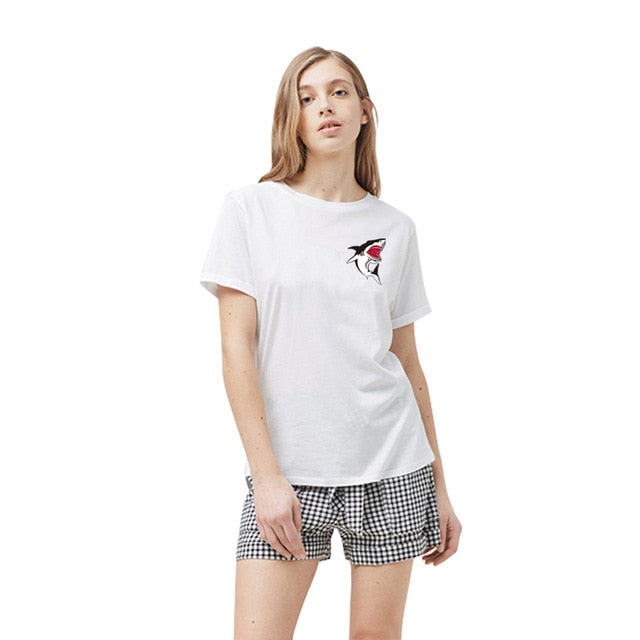Este haciendo punto H709 2017 más el tamaño ocasional de la camiseta del verano Mujeres Camisetas Tops Mujer Shark manga corta impresa Camiseta Femme