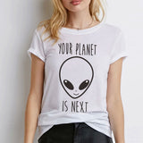 H745 Mujeres Moda divertido manga corta Tops Su planeta está próxima impresión de la camisa de la personalidad T