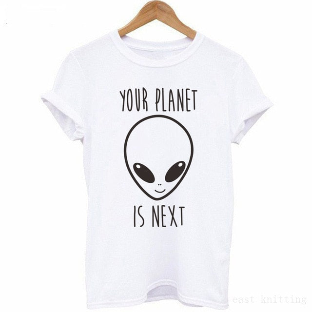 H745 Mujeres Moda divertido manga corta Tops Su planeta está próxima impresión de la camisa de la personalidad T