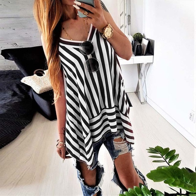 Camisa de la manera de la gasa de copa rayado verano mujeres sin mangas del partido flojo de tiras de Sexy Ladies Casual vestidos de playa chaleco tee Blusas