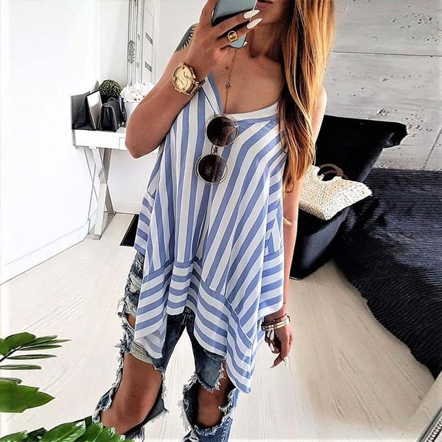 Camisa de la manera de la gasa de copa rayado verano mujeres sin mangas del partido flojo de tiras de Sexy Ladies Casual vestidos de playa chaleco tee Blusas