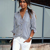 Casual Turn Camisa azul Botones Abajo Cuello de mujer Rayas de un solo pecho Manga larga Vertical Moda