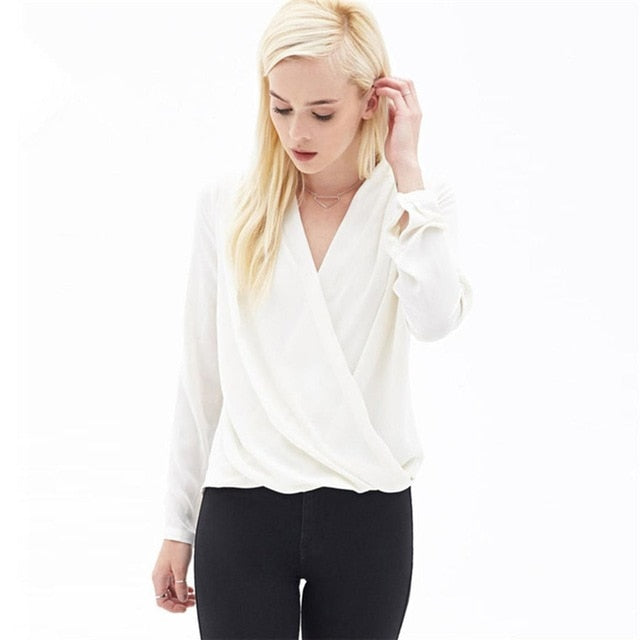 Cuello casual Mujeres sólidas Ninguno Largo blanco V Moda Dama regular Capas de gasa Camisa de manga de remiendo informal Oficina