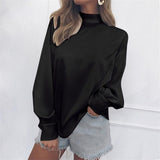 Cuello alto Linterna Mujer Manga Tops Otoño Primavera Color sólido suelto Largo Elástico Ninguno Moda Casual