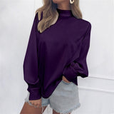 Cuello alto Linterna Mujer Manga Tops Otoño Primavera Color sólido suelto Largo Elástico Ninguno Moda Casual