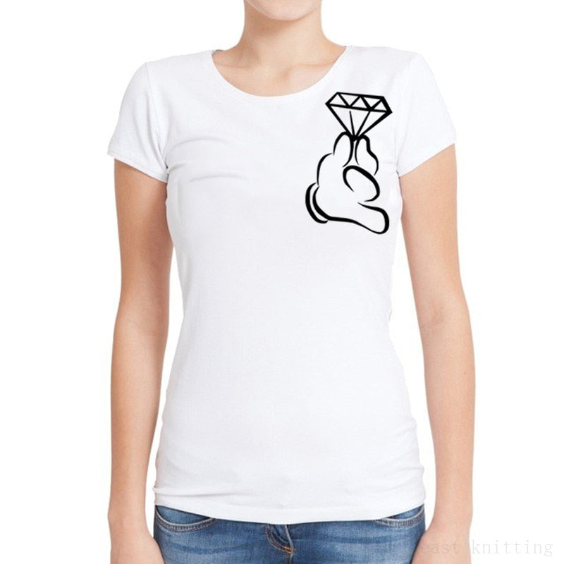 H10 Mujeres pintadas a mano Las manos sostienen los diamantes Camiseta casual Tops sueltos de moda de verano